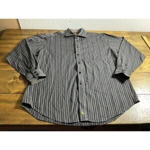 Tailorbyrd Shirt Mens XL Black Brown Stripe Button Up with Flip Cuff Long Sleeve